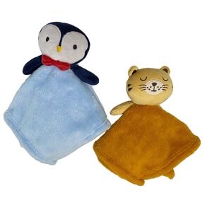 Baby Gear Infant Lovey Soother Lot of 2 Blue Happy Penguin Tan Sleeping Tiger